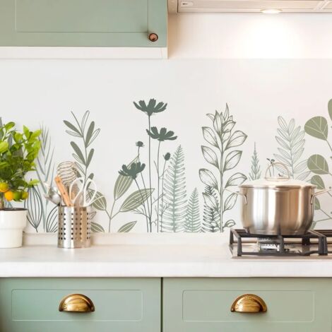 Crédence cuisine en aluminium - floral vert sauge - 240x50 cm (en 2 bandeaux)