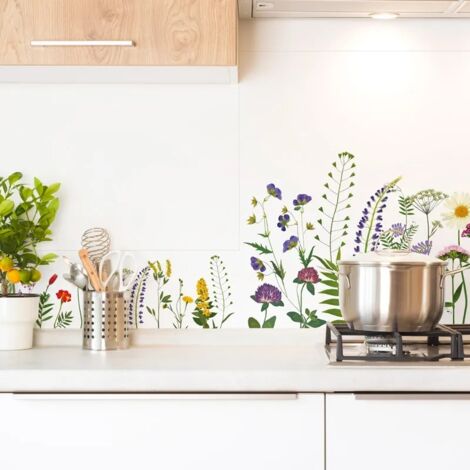 Fond de hotte en aluminium - motif floral vert, violet, jaune et rouge - 70x60 cm (1/5)