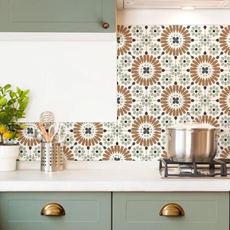 Crédence cuisine en aluminium - effet carreaux de ciment marron et vert - 180x20 cm (en 2 bandeaux)