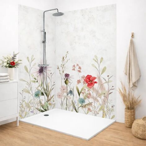 Lot de 2 panneaux de douche en PVC (90x220 & 120x220 cm) + profilés blanc - Herbier - Motif floral aquarelle - Multicouleurs