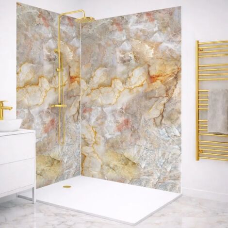Lot de 2 panneaux de douche en PVC (90x220 & 120x220 cm) + profilés blanc - Gémologie - Effet pierre marbrée - Beige et gris