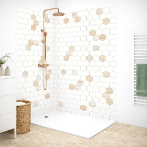 Lot de 2 panneaux de douche en PVC (90x220 & 120x220 cm) + profilés blanc - Mix Hexa Travertin - Effet pierre