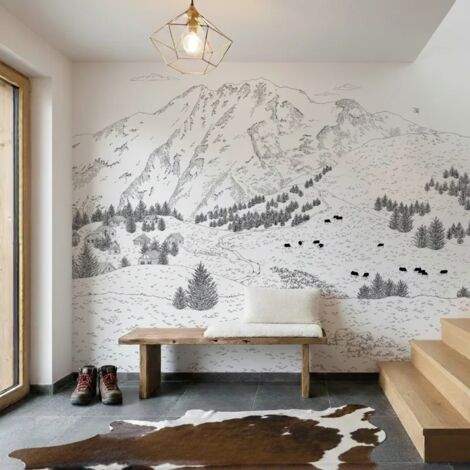 Papier peint panoramique - Les Alpes - Noir et blanc - intissé : 150g/m² - 7 lés : 336x270cm (1/5)