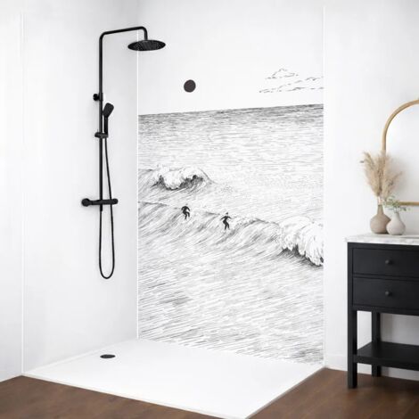 Lot de 2 panneaux de douche en aluminium (90x220 & 120x220 cm) + profilés blanc - Vagues Sunset - Noir et blanc (1/5)