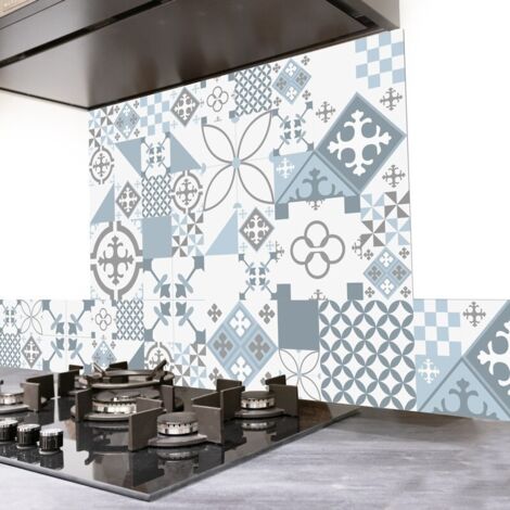 Crédence cuisine en aluminium - effet carreaux de ciment bleu - 200x20 cm (en 2 bandeaux)