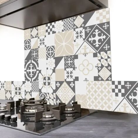 Crédence cuisine en aluminium - effet carreaux de ciment gris - 200x20 cm (en 2 bandeaux)