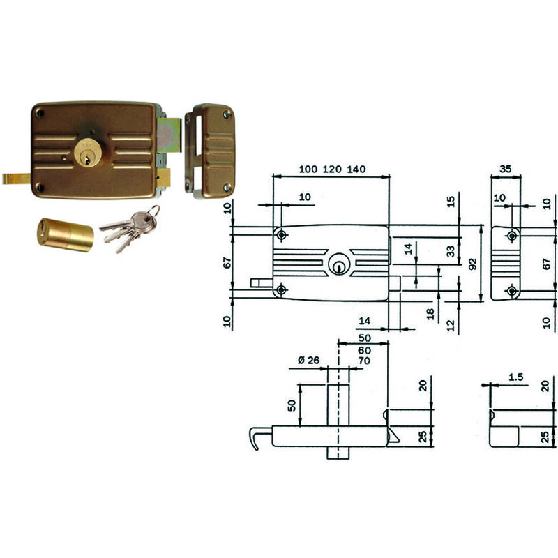 Serratura da portoncino catenaccio e scrocco doppio cil. fisso 431/432 - mm.70 dx 3 mandate (431703e)
