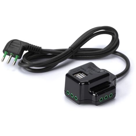 Fanton 41009 - Multipresa volante con 3 uscite spina piccola 10A e 2 prese USB-A 5V 3A colore NERO cavo 1,5 m. 3G0,75 H05VV-F spina italiana 2P+T 10A made in italy