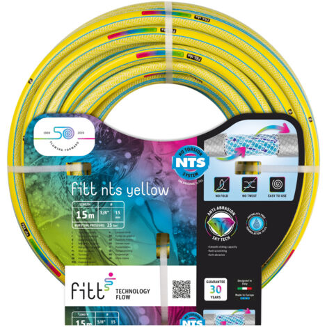 FITT NTS YELLOW 5/8" (15 mm) 15m – Tubo Giardino Flessibile e Robusto Made in Italy Struttura Innovativa Rinforzata NTS Senza Torsioni Resistenza UV Abrasione Temperature estreme
