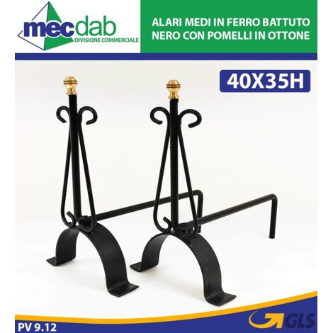 Coppia di alari Liscio per camino in ferro battuto 20 x 35 x h33 cm accessori 2 pezzi