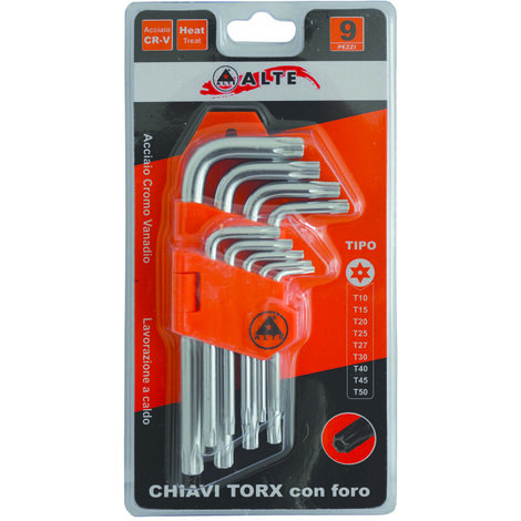 Set 9 chiavi esagonali torx con foro Ingco