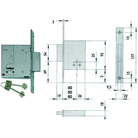 1PZ SERRATURA DA INFILARE DOPPIA MAPPA 57223 - mm.50 piastra mm.22x175h. (57223