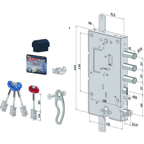Serratura triplice applicare porte blindate d.m.+c.eur.rev. int.37 244 - (2441dcr0337s56)