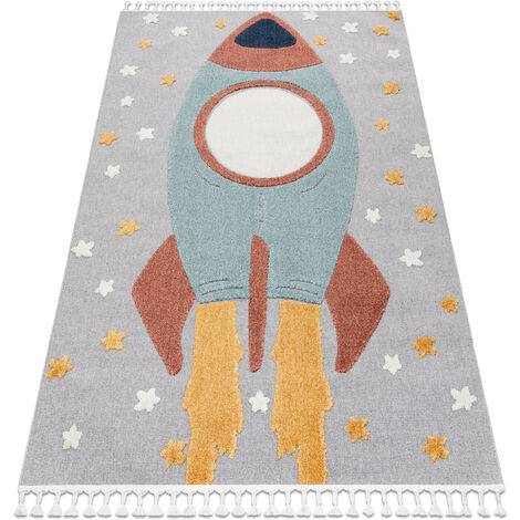 Carpet YOYO GD55 grey / blue - Stars, rocket for children, structural, sensory Fringes multicolour 200x290 cm (1/5)