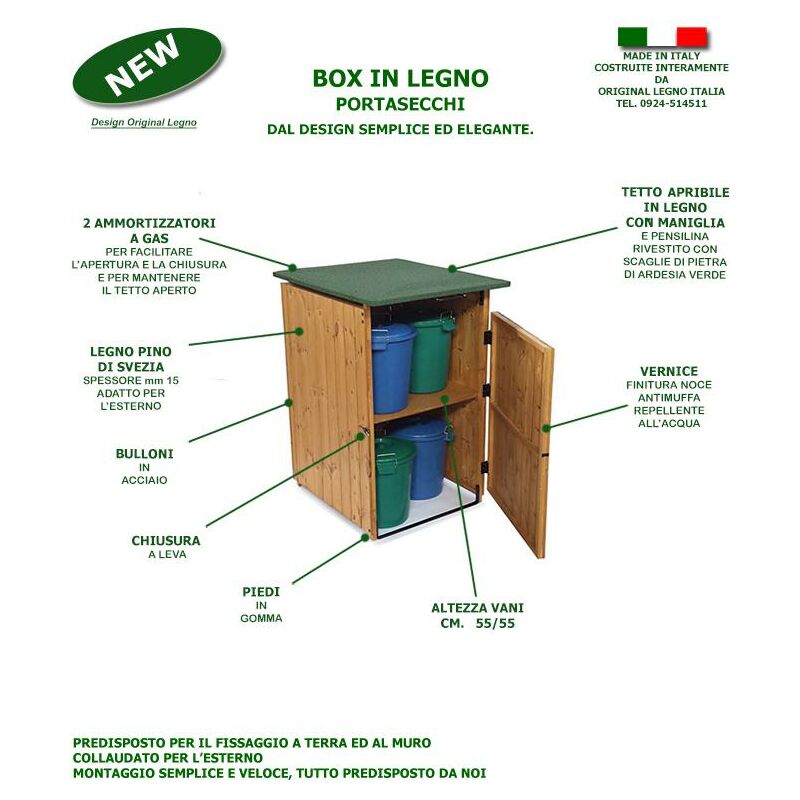 Porta Secchi Per Differenziata In Legno box copribidoni MADE IN ITALY Tetto  Verde L74 x P86 x 116H