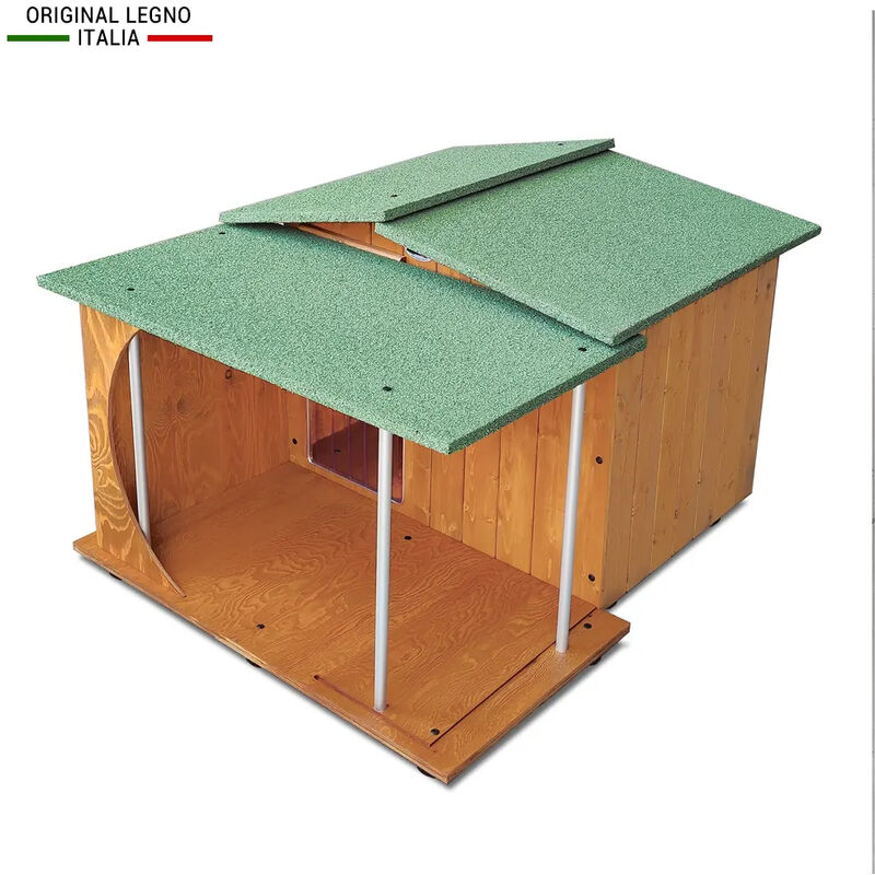 Cuccia in Legno per Cani da Esterno Rinforzata con TENDINA IN OMAGGIO  mod. Alpi con Veranda E - Alano 121x170xH108 MADE IN ITALY