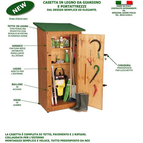 Casetta Portattrezzi In Legno Da Giardino Box Attrezzi per Esterno Tetto  Verde MADE IN ITALY Mod.