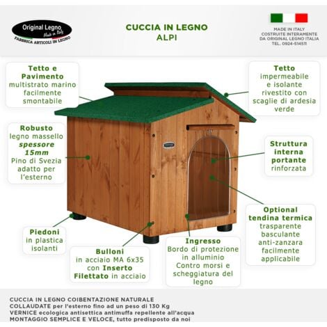 Cuccia in Legno per Cani da Esterno Tendina OMAGGIO mod. Alpi MADE IN ITALY D - Pastore 90x110xH95 Tendina OMAGGIO