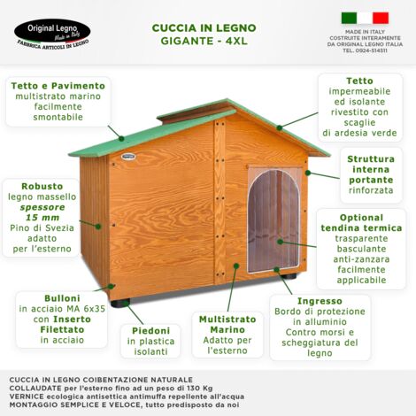 Cuccia in Legno per Cani da Esterno "Rinforzata" Tendina OMAGGIO mod. Alpi Verde MADE IN ITALY A - Chihua/Gatto 45x60xH48 Tendina OMAGGIO