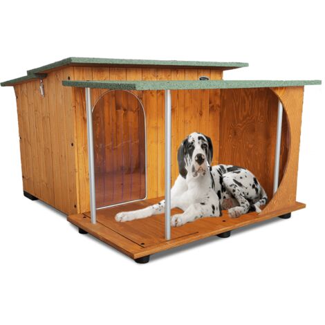 Cuccia in Legno per Cani da Esterno "Rinforzata" mod. Italy con Veranda Tendina OMAGGIO MADE IN ITALY E - Alano 121x140xH86 Tendina OMAGGIO