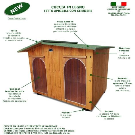 Cuccia in Legno per Cani da Esterno Rinforzata con TENDINA IN OMAGGIO  Mod. Alpi Taglia A – Chihuahua / Gatto 45x60xH48