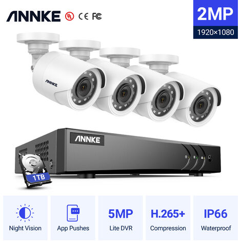 ANNKE 8CH 5MP CCTV DVR HD 1920*1080P Security Camera System 4Pcs 2.0Megapixel Outdoor IR-Cut Day Night Vision Bullet Camera - 1TB HDD