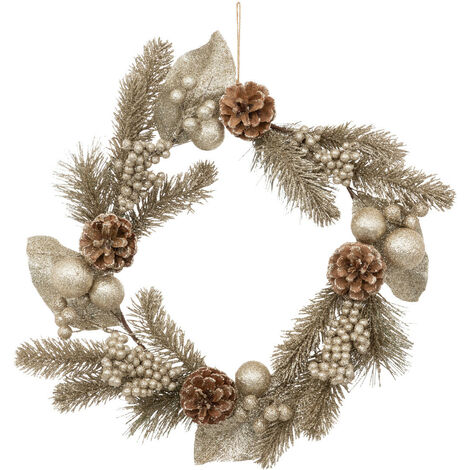 Couronne De Noël Royal Majestic - 40 Cm - Branches Naturelles Et Pommes De Pin - Décoration Porte Ou Table