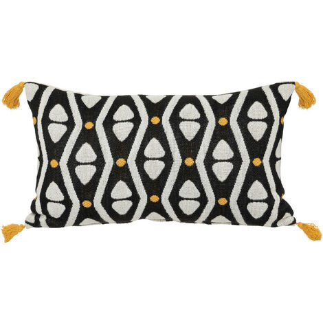 Coussin d coratif Noir Ocre motifs color s avec pompons 30 x 50