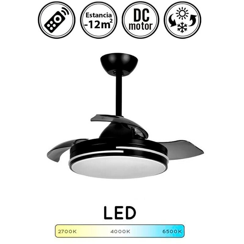 Ventilador con luz LED y 4 aspas retráctiles de 6 velocidades en color  negro BelAir Interlusa