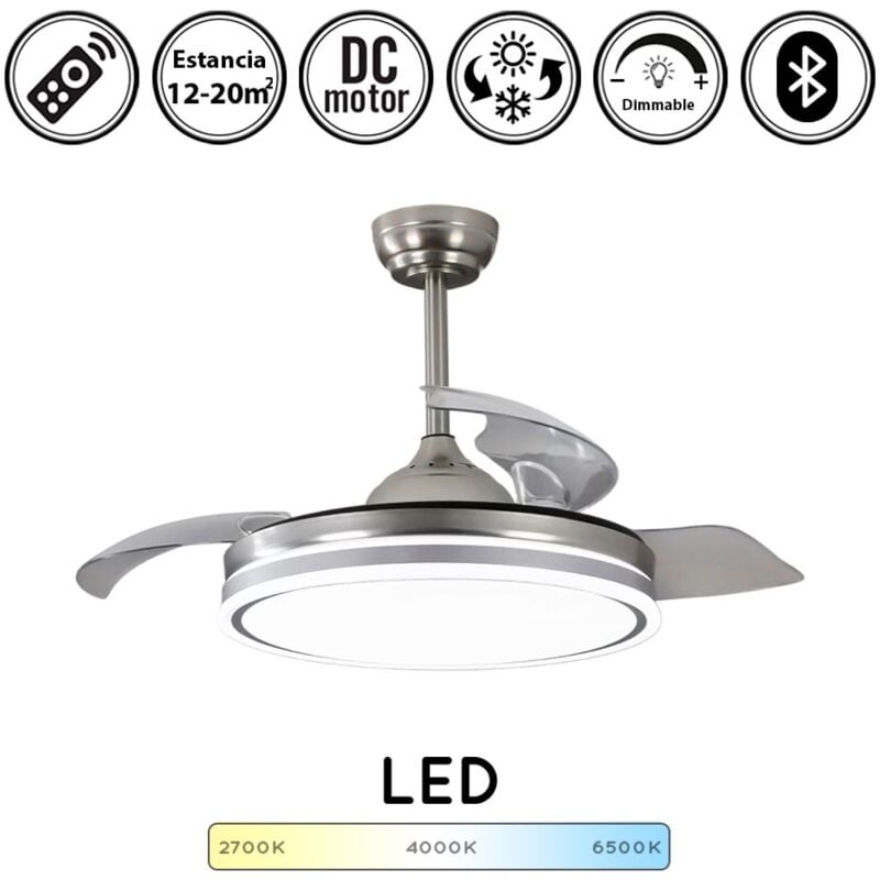 Lampara ventilador techo luz led 72W 5950 Lm silencioso moderno niquel aspas retractiles motor DC 3 C. de luz y memoria Calima