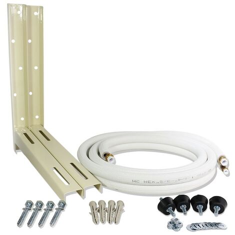 Kit instalación aire acondicionado, escuadras soporte compresor, tuberías de cobre aislado 5m 1/4 3/8, silentblock, tornillería.
