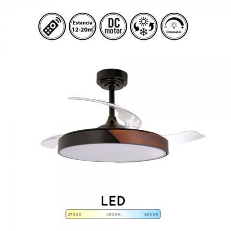 Ventilador de techo taoro negro madera motor DC aspas retractiles 2 tamaños Lampara ventilador de techo con luz regulable  Grande diámetro: 49-106 cm  Grande diámetro: 49-106 cm