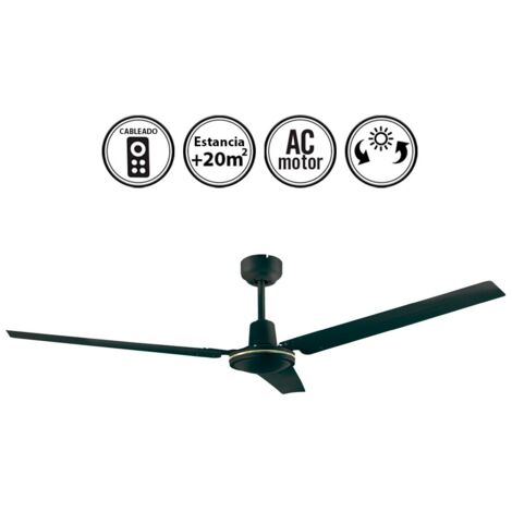 Ventilador de techo csin luz silencioso AC con mando con cable Industrial negro 142 cm solo verano