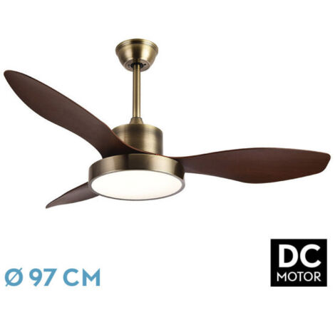 Abrila - Ventilador DC HAYATE Color Cuero con tres Aspas en Color Roble con 6 Velocidades Ajustables con 3 Temperaturas de Luz Mando a Distancia Incluido