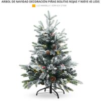 Arbol de Navidad Decorativo con bolitas rojas piñas y nieve 90cm 45leds