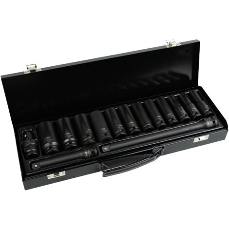 Set de 15 piezas de impacto con 12 vasos largos de 1/2" HEXAGONALES + ADAPTADORES JBM (1/4)
