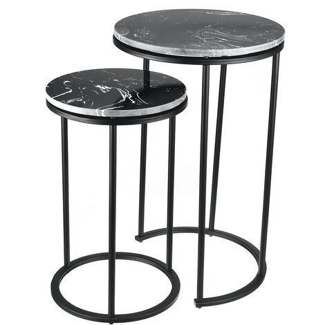 Marble Coffee Table set of 2 Round Side End Tables Metal Frame Black