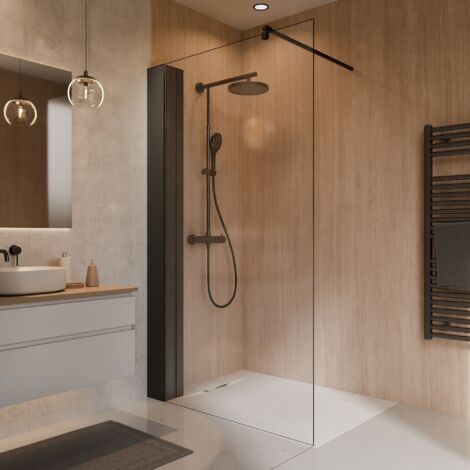 Schulte Duschwand Walk In Toura - 140 x 200 cm, 8 mm Sicherheitsglas Klar Hell, Profil: Mattschwarz, mit integriertem Regal (1/5)