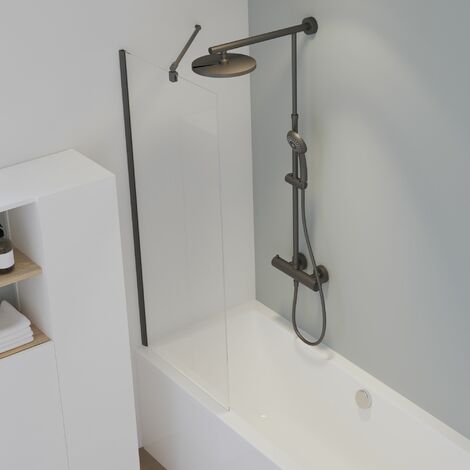 Schulte Badewannenaufsatz feststehend - Breite: 70 cm, Höhe: 140 cm, Glas: 5 mm Sicherheitsglas Klar Hell, Profil: Matt Schwarz, ohne fixil Glasbeschichtung