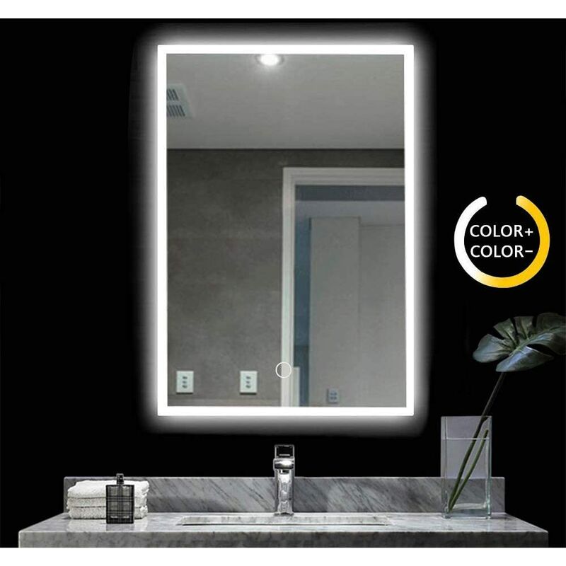 Guwet Miroir de Salle de Bain LED,Miroir Mural Lumineux 3 en 1 Éclairage Blanc Froid/Chaud/Neutre CEE: A++,Fonction Variateur Étanche IP44 50*70cm,Anti-buée,Tactile 