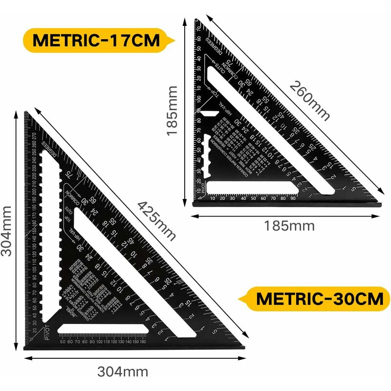 outil de mesure de disposition de rapporteur d'angle de triangle noir d'alliage d'aluminium métrique Metric Règle de triangle impérial de 7 pouces pour les constructeurs de maison 