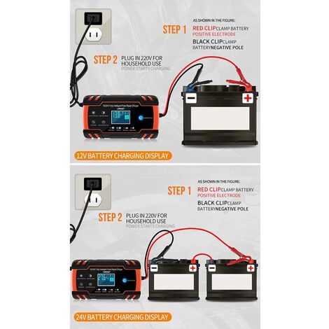 NWOUIIAY Chargeur de Batterie Intelligent Portable 8A 12V/4A 24V LCD Écran avec Protections Multiples Type de réparation pour Batterie de Voiture Moto 