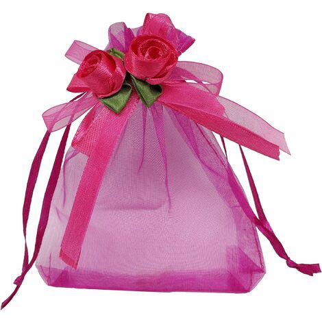 30 pcs Sheer Organza Faveur Sacs pour Cadeaux De Mariage Sacs Échantillons Affichage Cordon Rose Pochettes Rose Chaud 79 cm