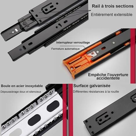 Lot de 8 Coulisse de Tiroir 250 mm, Glissières Pour Tiroirs à Roulement à Billes Fermeture Amortie et Silencieuse, Glissière à Extension Complète avec Amortisseur – Capacité Charge 35 Kg