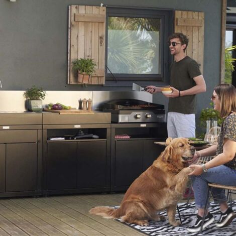 Le Marquier – Meuble bas de cuisine avec tablette 80 x 55 cm – Bi-matière inox satiné et acier époxy noir – Portes push-pull – Certification Origine France Garantie
