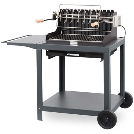 Le Marquier – Barbecue à charbon avec chariot en acier noir – Grille inox 54 x 32 cm – Capacité jusqu'à 10 personnes – Foyer vertical pour cuisson saine