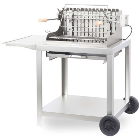 Le Marquier – Barbecue portable inox mat 54x32 cm sur chariot – Foyer horizontal avec grille réglable – Moteur électrique 10 kg pour tournebroche