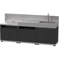 Le Marquier – Cuisine complète 3 éléments avec crédences inox H40,6 cm – Bi-matière inox satiné et acier époxy noir – Dimensions 240 x 56 x 128 cm
