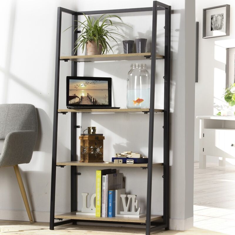 Étagère Colonne 4 Niveaux Style Industriel - Décor Chêne Et Noir - Rangement Salon/Entrée 34x32,5x148cm