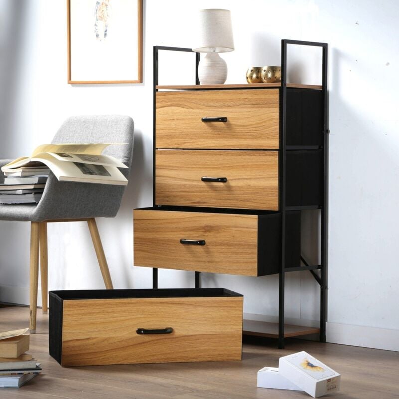 IDIMEX Chiffonnier VANIKA 4 tiroirs, petit meuble de rangement design  vintage élégant, commode en bois lasuré noir et rotin pas cher 